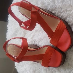 Jessica Simpson Cork/Wooden Wedge with orange upper straps. Like new condition.